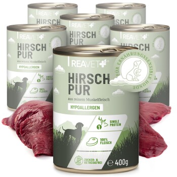 Dosen von REAVET Hirsch Pur Hundefutter, mit der Aufschrift "Hypoallergen", mit einem grünen Design und einer Hundesilhouette, neben rohem Fleisch.