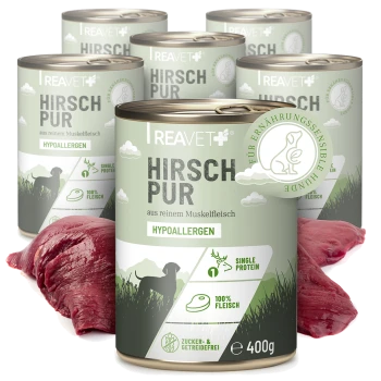 Dosen von REAVET Hirsch Pur Hundefutter, mit der Aufschrift "Hypoallergen", mit einem grünen Design und einer Hundesilhouette, neben rohem Fleisch.