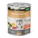 Eine Dose PureNature JuniorMenu Nassfutter für Hunde mit einem Hundegrafik, die Huhn, Karotten und Himbeeren zeigt. 400 g, gluten- und getreidefrei.