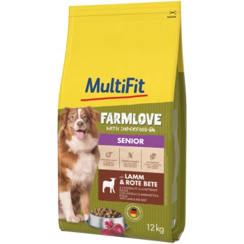 12 kg Sack MultiFit Farmlove Senior-Hundefutter, mit einem braun-weißen Hund und hervorgehobenen Zutaten wie Lamm und roter Beete.