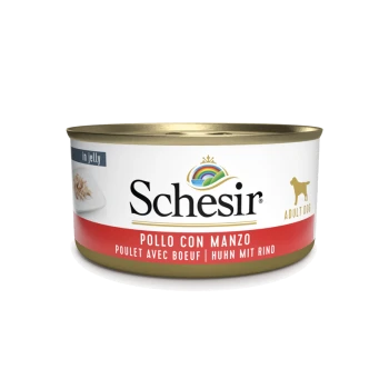Schesir Dosen-Hundefutter in Gelee, beschriftet mit "Pollo con Manzo" (Huhn mit Rind) für erwachsene Hunde, mit einem goldenen und roten Design.
