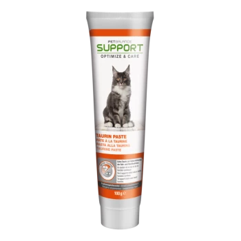 Tube mit PetBalance Support Taurin Paste für Katzen, mit einer grauen Katze auf dem Etikett, mit Text in Englisch und Französisch.