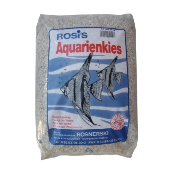Rosis Aquarienkies 25 kg Sack mit Fischillustrationen auf einem blauen Wellenhintergrund, der die Vorteile der Wasserreinigung und des Pflanzenwachstums hervorhebt.