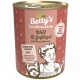Dose von Betty's Landhausküche Hundefutter mit der Aufschrift 'Wild & Geflügel mit Preiselbeeren', die hohen Fleischanteil und keine künstlichen Zusatzstoffe betont.