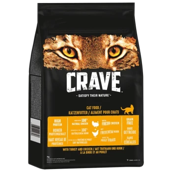 Eine Tüte Crave Katzenfutter mit einem Nahaufnahme eines Katzenkopfes, beschriftet mit 'Hoher Proteingehalt', 'Getreidefrei' und 'Befriedige ihre Natur.'