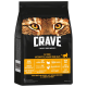 Eine Tüte Crave Katzenfutter mit einem Nahaufnahme eines Katzenkopfes, beschriftet mit 'Hoher Proteingehalt', 'Getreidefrei' und 'Befriedige ihre Natur.'