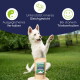 Ein weißer Hund mit erhobener Pfote steht neben einem Beutel mit Nahrungsergänzungsmittel, beschriftet mit "Libido Balance Pulver", das ausgewogenes Verhalten und Hormonregulation fördert.
