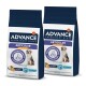Deux sacs de nourriture pour chiens Advance Veterinary Diets étiquetés 'Articulaire Faible en Calories', promouvant le soutien à la mobilité et la perte de poids.