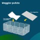 Bild zeigt einen transparenten Haustierkäfig mit einer abnehmbaren saugfähigen Matte, beschriftet mit "Maggior pulizia", was auf eine einfachere Reinigung hinweist.