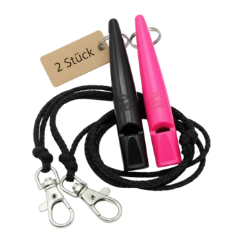 Schwarze und pinke ACME-Pfeifen an schwarzen Bändern mit drehbaren Metallclips, Anhänger mit Aufschrift '2 Stück'.