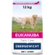 Eukanuba Daily Care Hundefutterbeutel, 12 kg, mit einem Golden Retriever auf einer Wiese. Der Text enthält 'Übergewicht' und 'Ab 1 Jahr.'