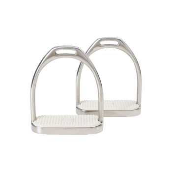 Ein Paar glänzende Edelstahl-Steigbügel mit strukturierten weißen Gummifußpolstern, entworfen für den Reitsport.