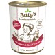 Dose mit Betty's Landhausküche Katzenfutter, mit einer Kochillustration, beschriftet mit "Mono-protein" und "Rind pur mit Leinöl & Taurin."