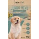 Golden Retriever Welpe an einem malerischen See mit "JUNIOR MENU" und Details: "Zarter Lachs & Kartoffelchen", "MONO PROTEIN", "GETREIDE FREI", "10kg."