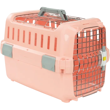 Een roze huisdierdrager met een metalen draaiduik, met ventilatieopeningen en een grijze handgreep bovenop.