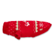 Roter festlicher Strick-Hundepullover mit weißen Rentier- und Schneeflockenmotiven und goldenen Akzenten, gerippter Kragen und Beinöffnungen, flach liegend fotografiert