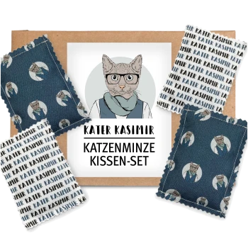 Ein Set von Katzenminzkissen mit einer Cartoon-Katze, die eine Brille und einen Schal trägt, mit dem Text 'KATER KASIMIR KATZENMINZE KISSEN-SET.'