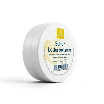 Veganer Lederbalsam in einem weißen Behälter mit der Aufschrift "Schuh Lederbalsam", 50 ml, zur Pflege von glattem Leder.
