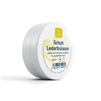 Veganer Lederbalsam in einem weißen Behälter mit der Aufschrift "Schuh Lederbalsam", 50 ml, zur Pflege von glattem Leder.