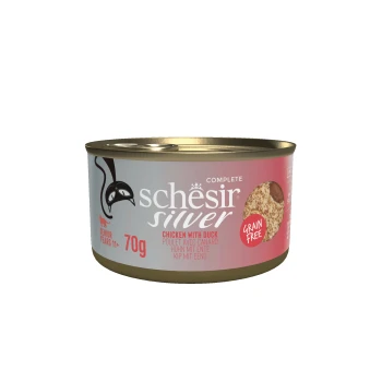 Schesir Silver grain-free senior cat food can, chicken with duck flavor, 70g, for cats 11+ years.