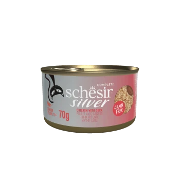 Schesir Silver grain-free senior cat food can, chicken with duck flavor, 70g, for cats 11+ years.