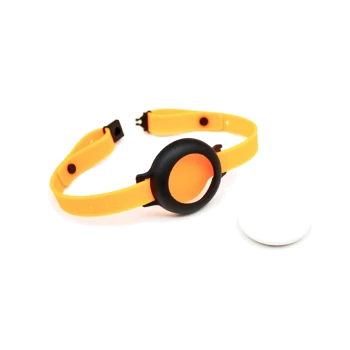 Ein leuchtend gelbes Haustierhalsband mit einem schwarzen runden Anhänger, begleitet von einem weißen runden Etikett, auf einem weißen Hintergrund.