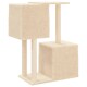Ein beiger Katzenbaum mit zwei gestapelten Würfelflächen und zwei vertikalen Pfosten, entworfen zum Klettern und Kratzen.