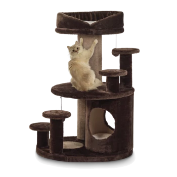 Eine flauschige cremefarbene Katze posiert verspielt auf einem mehrstöckigen braunen Kratzbaum mit verschiedenen Plattformen und einer gemütlichen oberen Liegefläche.