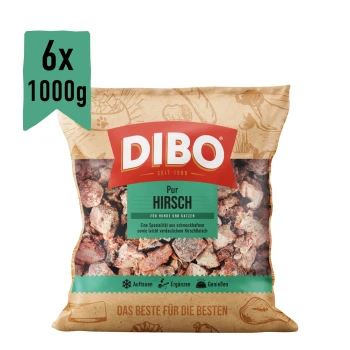 DIBO Hirsch-Hundefutterverpackung, die gefrorenes Rehfleisch für Hunde und Katzen zeigt, beschriftet mit 6x 1000 g, mit einer Illustration von Katze und Hund.
