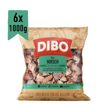 DIBO Hirsch-Hundefutterverpackung, die gefrorenes Rehfleisch für Hunde und Katzen zeigt, beschriftet mit 6x 1000 g, mit einer Illustration von Katze und Hund.