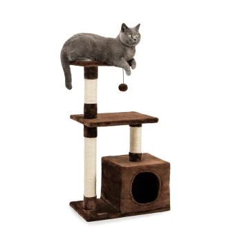 Kratzbaum ClimbNest Eine graue Katze, die auf einem braunen Kratzbaum mit zwei Plattformen, einem Kratzpfosten und einem gemütlichen Versteck entspannt.