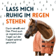Ein Pferd in einer orangefarbenen Regendecke steht ruhig, mit dem Text "LASS MICH RUHIG IM REGEN STEHEN" über nimo®'s Regenschutz.