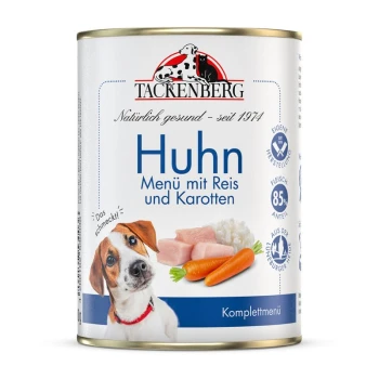 Dose Tackenberg Hundefutter mit Huhn, Reis und Karotten, mit einem Hundeabbild und Text auf Deutsch.