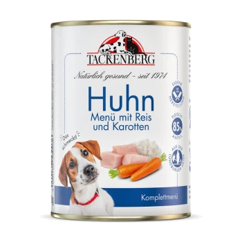 Dose Tackenberg Hundefutter mit Huhn, Reis und Karotten, mit einem Hundeabbild und Text auf Deutsch.