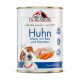 Boîte de nourriture pour chien Tackenberg au poulet, riz et carottes, avec une image de chien et un texte en allemand.