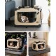 Eine beige Haustierbox mit Netzfenstern, in der ein glücklicher Beagle zu sehen ist, dargestellt in drei Umgebungen: Wohnzimmer, Kofferraum und Schlafzimmer.