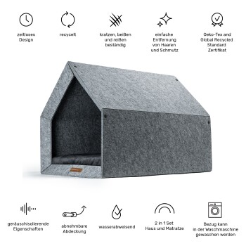 Grau Filzhaustierhaus mit abnehmbarem Bezug, mit Symbolen für Schallisolierung, Wasserbeständigkeit und einfache Reinigung.