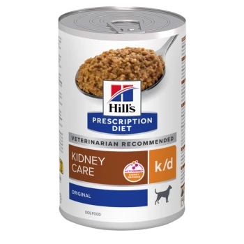 Hill's Prescription Diet Dosenfutter für Hunde mit der Bezeichnung "Nierenpflege", mit einer texturierten Fleischmischung und sichtbaren Aufschriften "Vom Tierarzt empfohlen" und "k/d".
