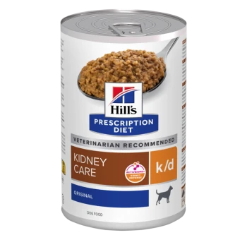Karma w puszce Hill's Prescription Diet oznaczona 'Kidney Care', z teksturowaną mieszanką mięsa oraz widocznymi napisami 'Zalecane przez weterynarzy' i 'k/d'.