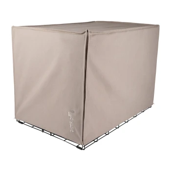 Beige Haustierkäfigabdeckung mit einem eleganten Design, passend für einen Standard-Drahtkäfig, mit einem subtilen Logo an der Seite.