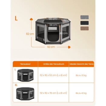 Bild eines Tierspielzauns in den Größen M und L, das Abmessungen, Gewichtsbeschränkungen für Haustiere und Messanweisungen zeigt.