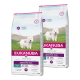 Sacs de nourriture pour chiens Eukanuba Daily Care Sensitive Skin, 12 kg chacun, présentant un chien blanc sur le devant et des étiquettes hypoallergéniques.