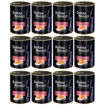 Dwanaście puszek karmy dla kotów Dolina Noteci Premium, oznaczonych 'Bogata w Łososia', z czarnym wzorem i sylwetką kota oraz wizerunkiem łososia.