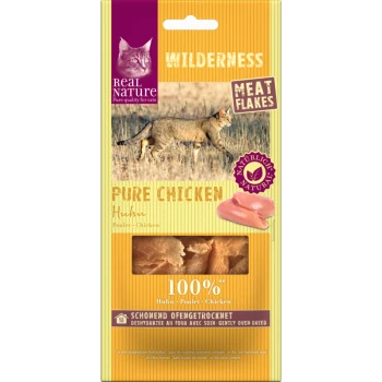 WILDERNESS Meat Flakes 12 x 10 g Pure Chicken Pet food package for "Real Nature Wilderness" featuring "Pure Chicken" meat flakes for cats, with chicken pieces and a wild cat image.