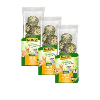 Drei Pakete von MultiFit Nature Grain Free Snacks für kleine Haustiere, mit runden Leckereien mit Banane, beschriftet mit "Taler mit Banane."