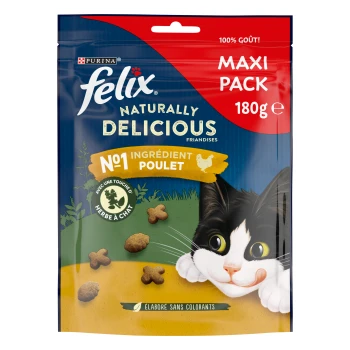 Friandises pour chats Purina Felix « Naturally Delicious » MAXI PACK 180 g — N°1 ingrédient : poulet ; chat noir et blanc souriant