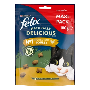 Friandises pour chats Purina Felix « Naturally Delicious » MAXI PACK 180 g — N°1 ingrédient : poulet ; chat noir et blanc souriant