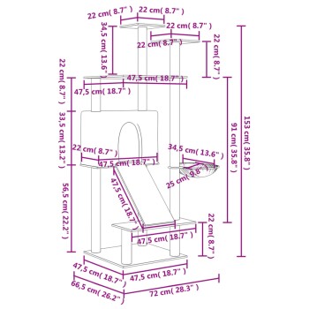 Diagramm eines Katzenbaums mit in Zentimetern und Zoll beschrifteten Abmessungen, mit mehreren Ebenen, einer Rutsche und einem gemütlichen Versteck.