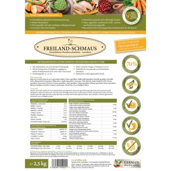 Verpackung von Hundefutter mit der Aufschrift "FREILAND-SCHMAUS" mit einer getreidefreien Formel, hohem Proteingehalt und natürlichen Zutaten. Nährwertinformationen aufgeführt.