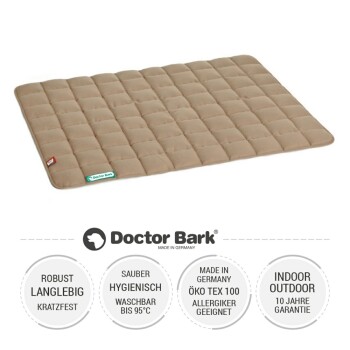 Braune Hundedecke mit grünem Eck, beschriftet mit 'Doctor Bark', mit Waschhinweisen: maschinenwaschbar bis 95 °C und trocknergeeignet.